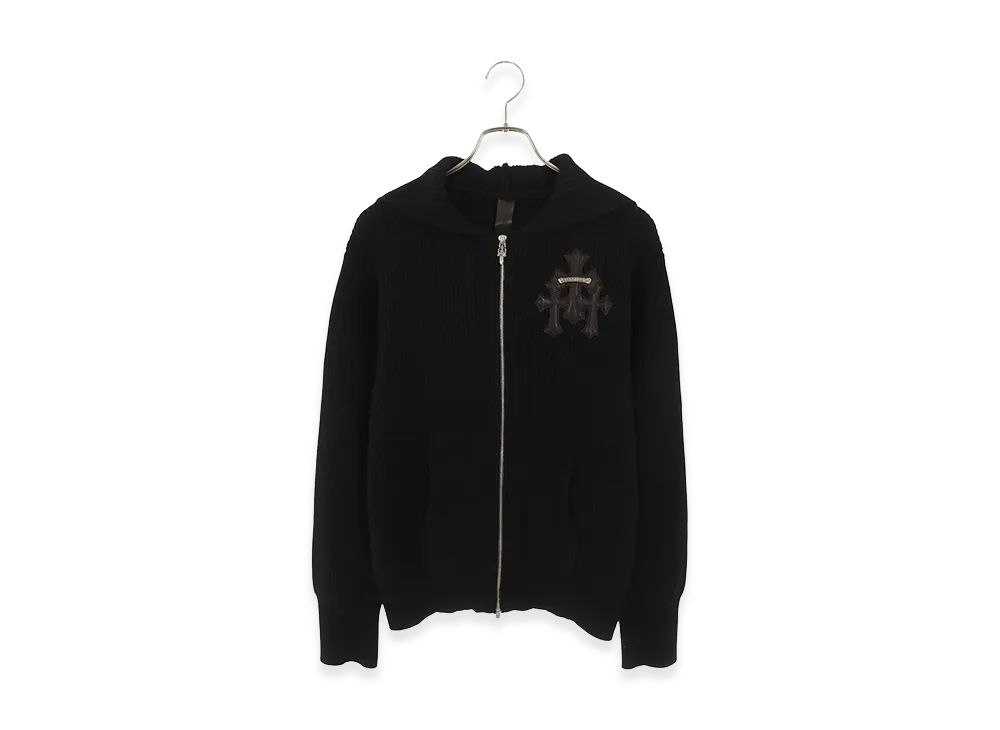 Chrome Hearts 3 Cemetery Cross Patch Zip Up Cashmere Knit Hoodie "Black"