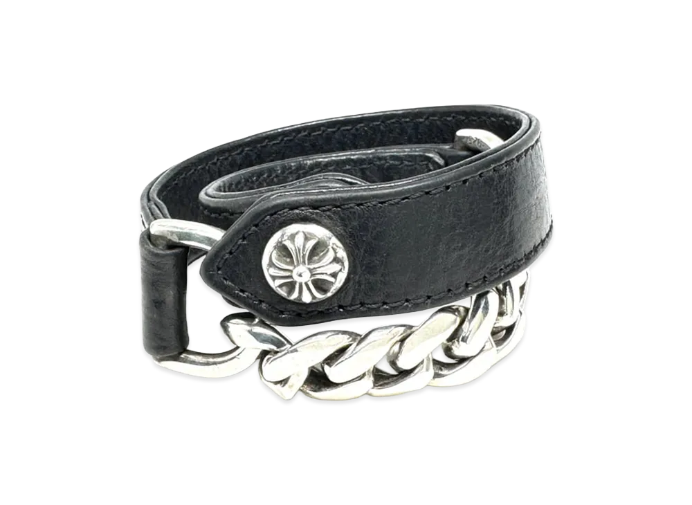 クロムハーツ 1ボタン1スナップ ダブルチェーン レザーブレスレット "ブラック/シルバー"