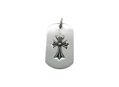 Chrome Hearts Cut Out Tiny Cross Large Dog Tag Necklace Top "Silver"