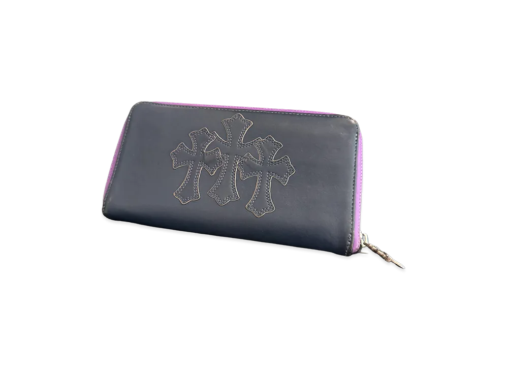 Chrome Hearts 3 Cemetery Cross Leather Patch REC F ZIP Wallet "Navy/Purple"