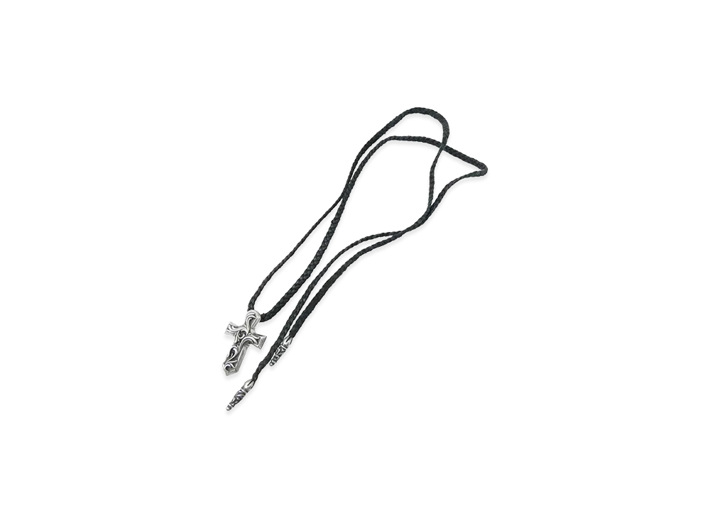 Chrome Hearts Small Vulcan Cross W Tiny Scroll Leather Blade Necklace "Black"