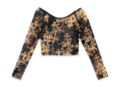Chrome Hearts Women's All-Over Cross Print Off-Shoulder Mesh L/S Top "Brown"