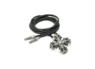 Chrome Hearts Filigree Plus Scroll Tip Leather Braid Necklace "Silver/Black"