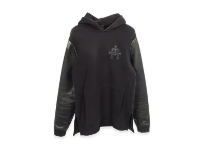 Chrome Hearts Cemetery Cross Patch Leather Sleeve Hoodie "Black"