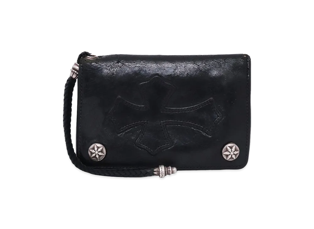 Chrome Hearts 2 Zip Star Ball Button Cross Patch Leather Wallet "Black"