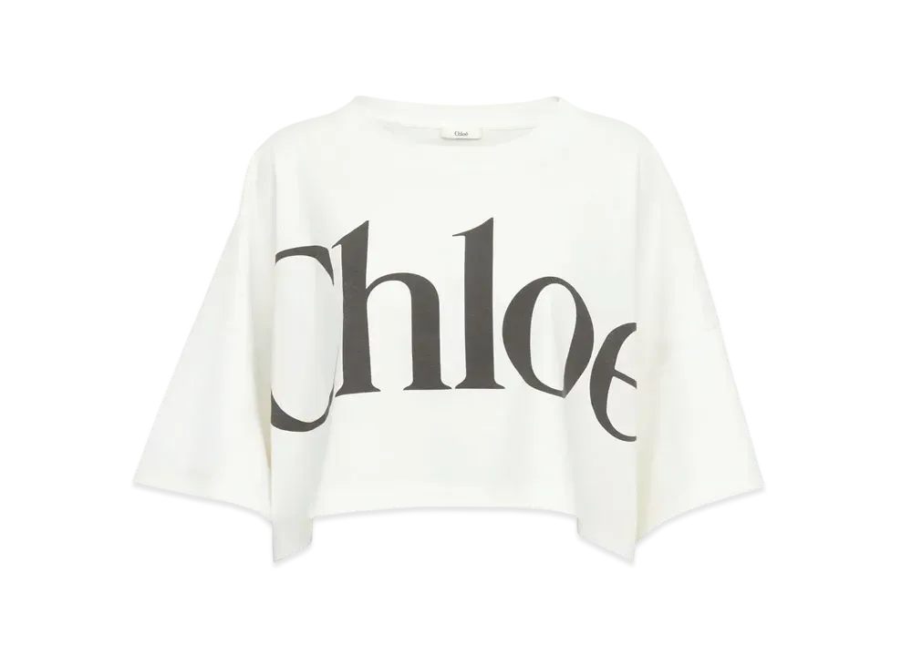 Chloe Cropped Boxy Logo T-Shirt In Cotton Jersey "White"
