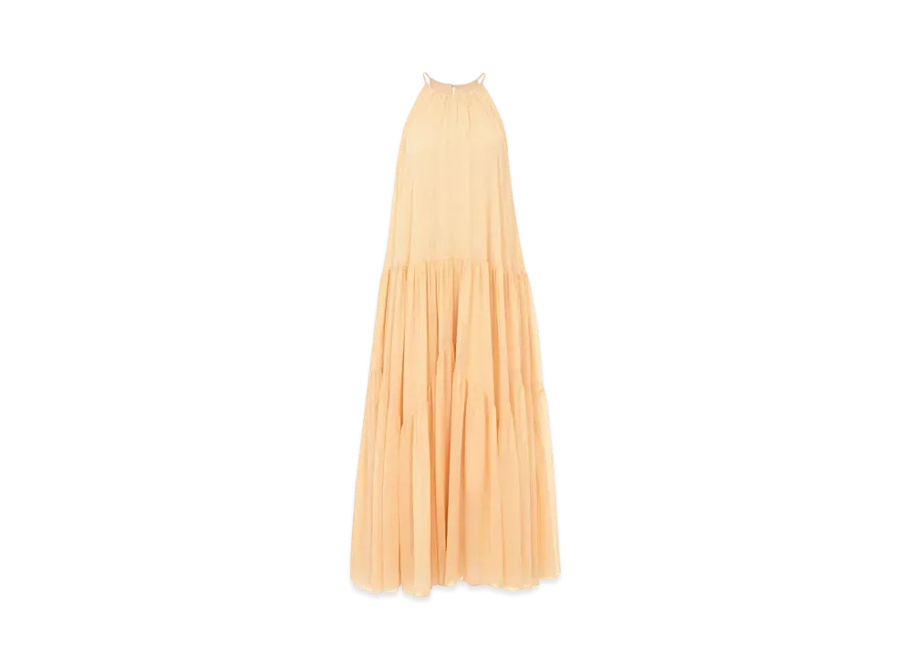 Chloe Long Gathered Sun Dress In Silk Georgette "Clay Pink"