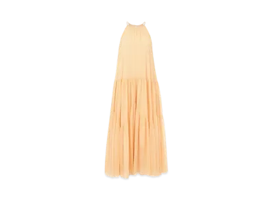 Chloe Long Gathered Sun Dress In Silk Georgette "Clay Pink"