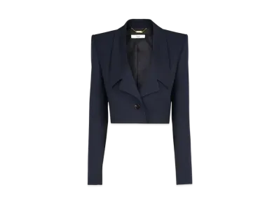 Chloe Cropped Spencer Jacket In Wool Grain De Poudre "Eclipse Blue"