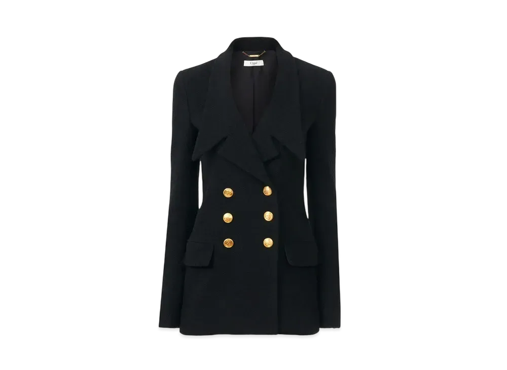 Chloe Double-Breasted Cardigan Jacket In Micro Bouclette Wool "Black"