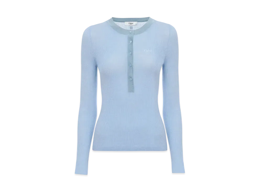 Chloe Knitted Henley Shirt In Superfine Wool Knit "Baltic Sea"