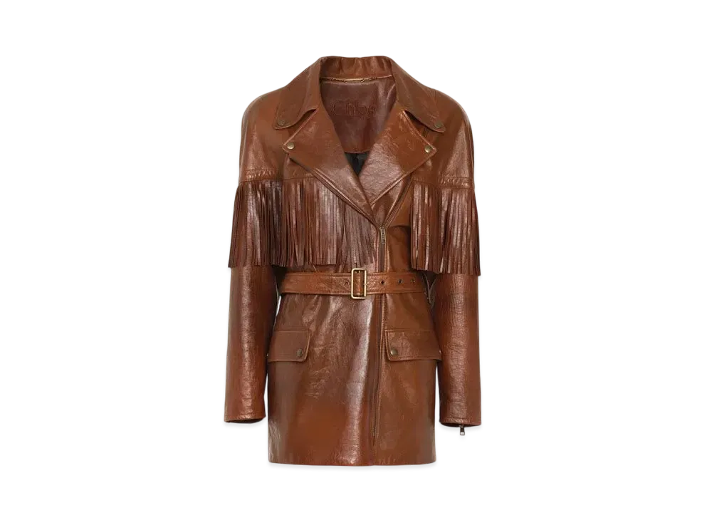 Chloe Belted Fringed Jacket In Leather "Clay Brown"
