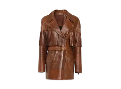 Chloe Belted Fringed Jacket In Leather "Clay Brown"
