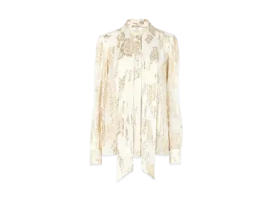 Chloe Gathered Lavalliere Blouse In Silk Jacquard and Lurex "Coconut Milk"