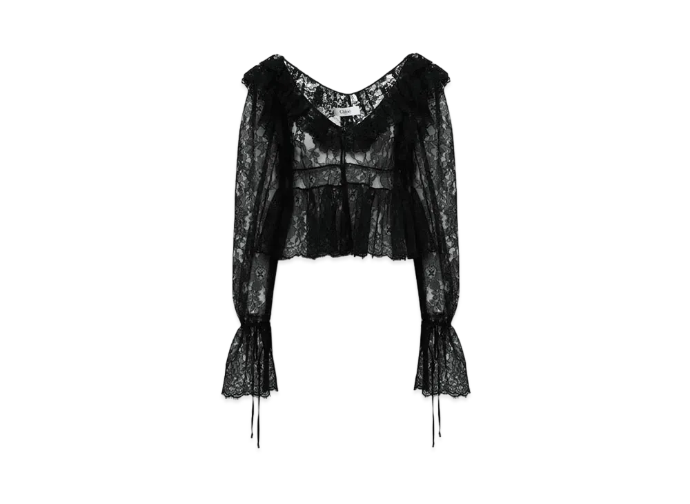 Chloe V-Neck Cropped Top In Lace "Black"