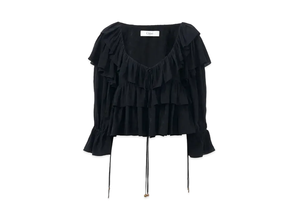 Chloe Cropped Ruffle Top In Floral Viscose "Black"