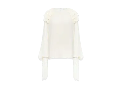 Chloe Gathered Ruffle Top In Silk Georgette "Dusty White"