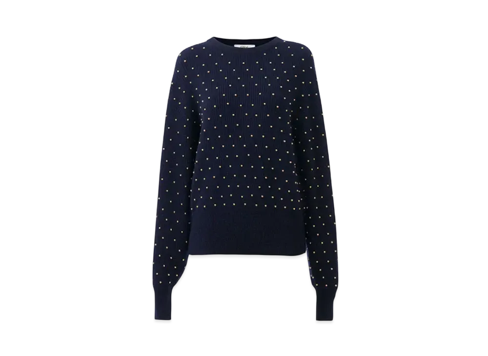 Chloe Studded Crew-Neck Sweater In Wool and Cashmere Knit "Classic Navy"