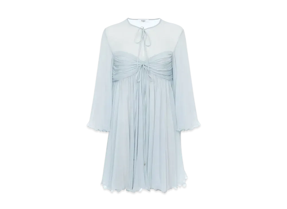 Chloe Pleated Mini Dress In Silk Mousseline "Airy Grey"