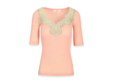 Chloe Women's Fitted Sweater In Wool And Lace Knit "Pink"
