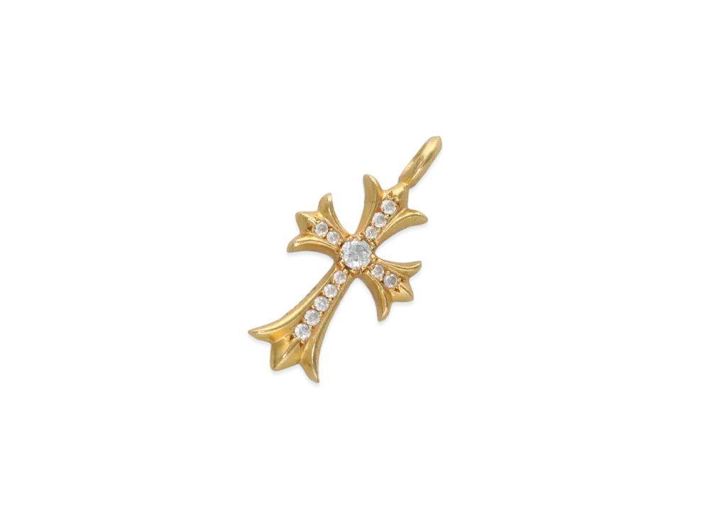 Chrome Hearts 22K Tiny Fat Cross Pave Diamond Pendant Necklace Top "Yellow Gold"