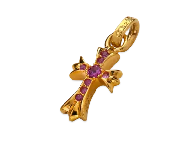 Chrome Hearts 22K CH Cross Baby Fat Charm with Pave Pink Sapphire "Yellow Gold"