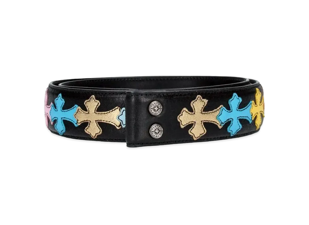 Chrome Hearts 1.5 Inch Strap Cemetery Cross Patch Leather Belt "Black/Multi Color"