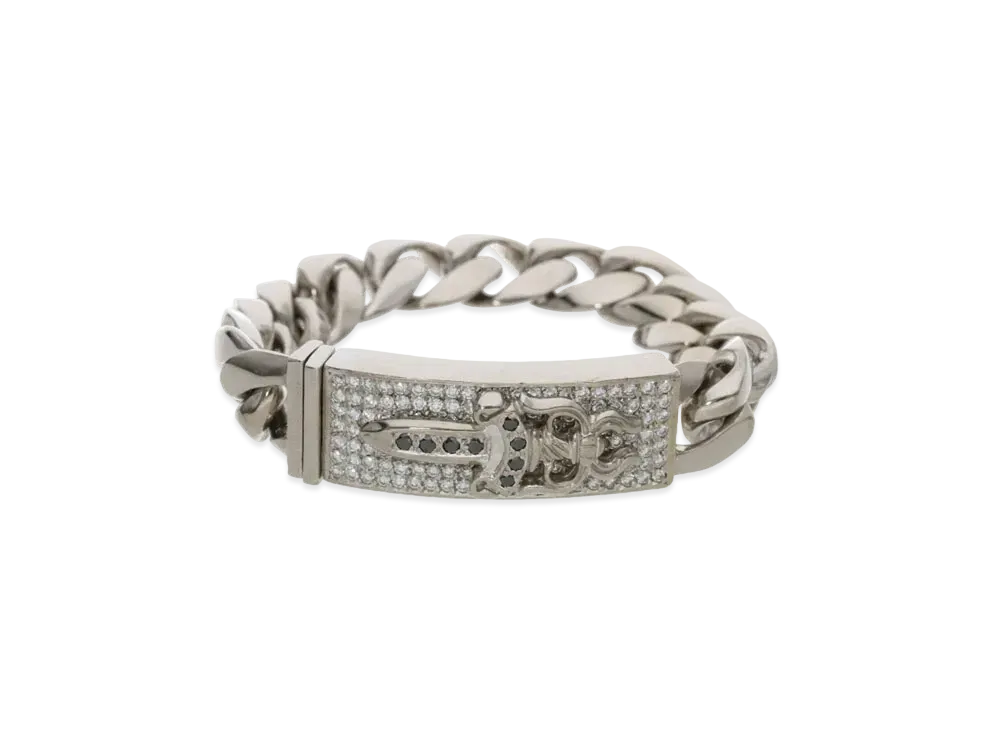 Chrome Hearts 18K Dagger ID Classic Link Plate Pave Diamond Bracelet "White Gold/Black"