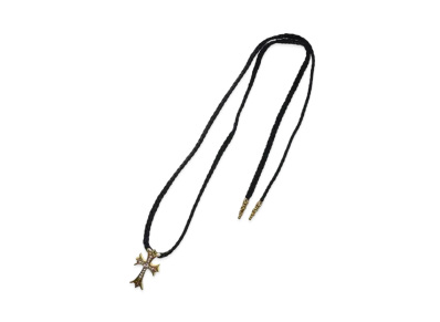 Chrome Hearts 22K Small CH Cross W Tiny Scroll Leather Blade Necklace "Yellow Gold/Black"