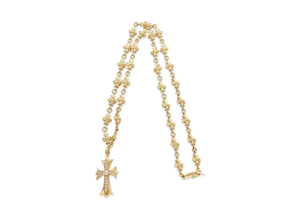 Chrome Hearts 22K Tiny E Fat Cross Pave Diamond Necklace "Yellow Gold"