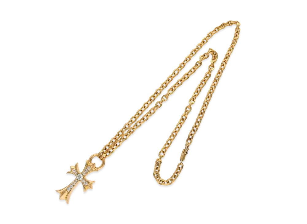 Chrome Hearts 22K Paper Chain Small Mall CH Cross Pave Diamond Necklace "Yellow Gold"