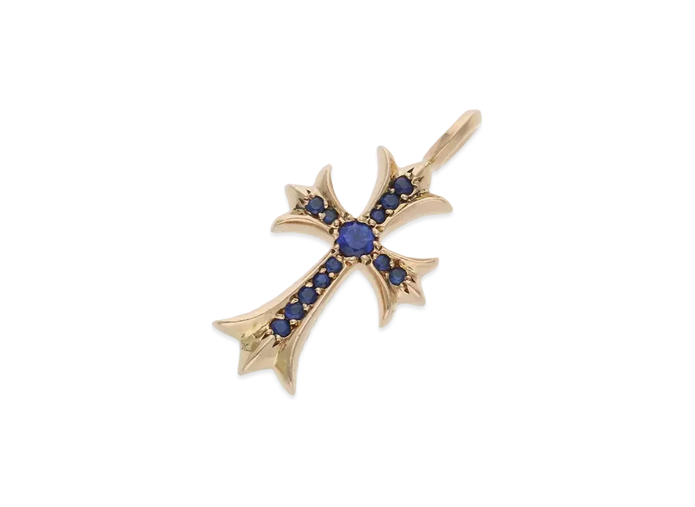 Chrome Hearts 22K Tiny Fat Cross Pave Sapphire Pendant Necklace Top "Yellow Gold/Blue"