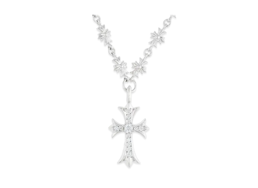 Chrome Hearts 18K Tiny E Fat Cross Pave Diamond Necklace "White Gold"