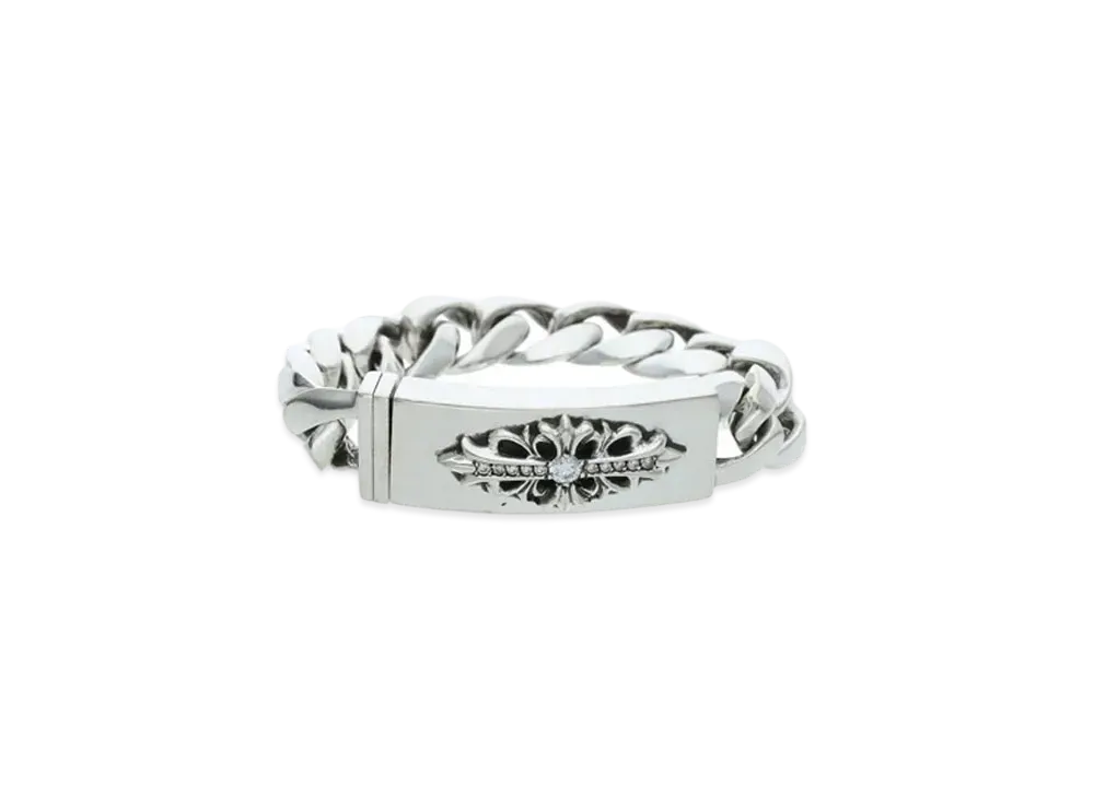 Chrome Hearts Floral Cross Classic Link ID Bracelet Pave Diamonds "Silver/Clear"