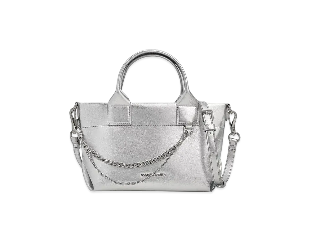 CHARLES & KEITH Atwood Crinkle Effect Chain Embellished Tote Bag "Silver"