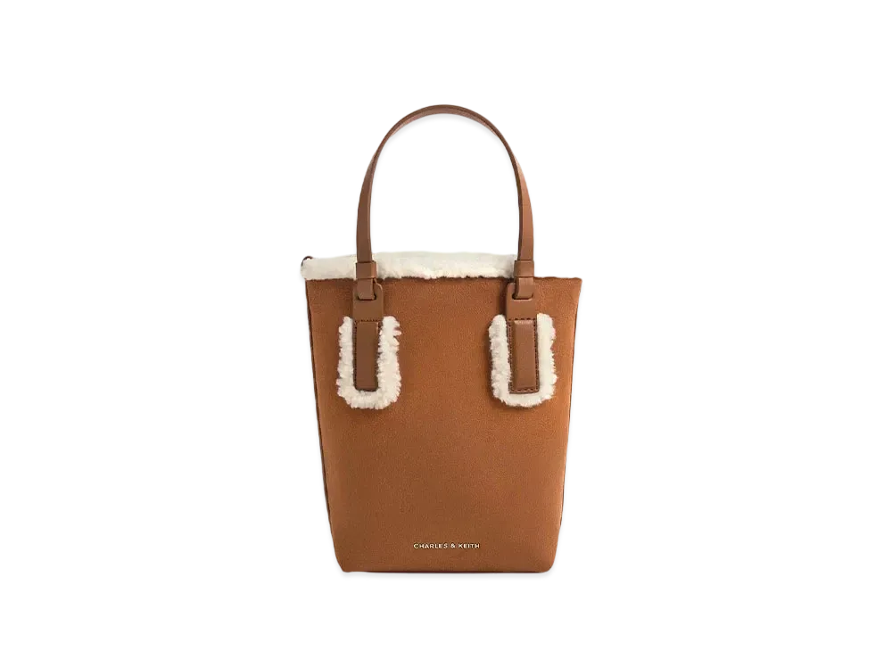 CHARLES & KEITH Noel Textured Fur-Trimmed Tote Bag "Brown"