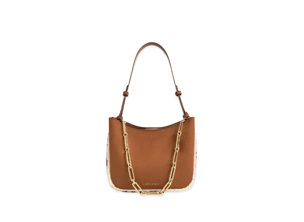 CHARLES & KEITH Robin Textured Foot-Rim Chain-Handle Bag "Brown"