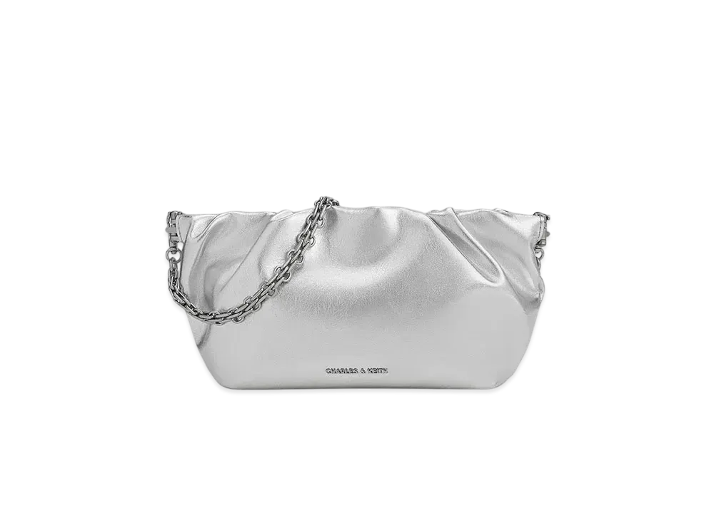 CHARLES & KEITH Bridget Ruched Chain Handle Clutch "Silver"