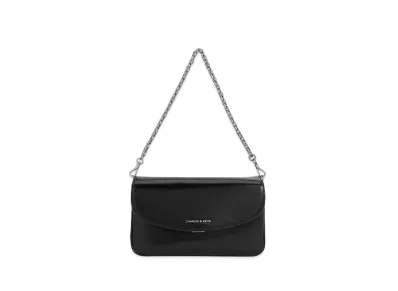 CHARLES & KEITH Kaia Metallic Front Flap Shoulder Bag "Noir"