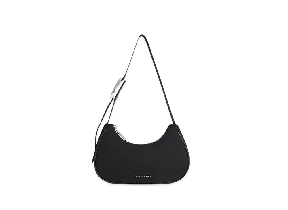 CHARLES & KEITH Nylon Curved Metallic Accent Shoulder Bag "Noir"