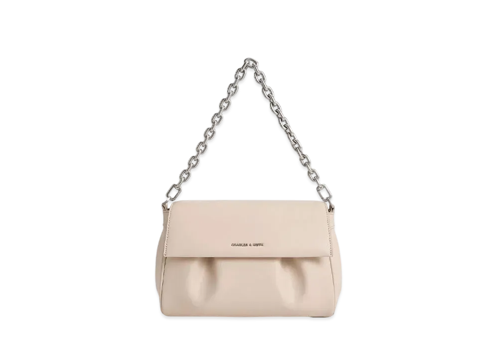 CHARLES & KEITH Carla Front-Flap Chain-Handle Bag "Oat"