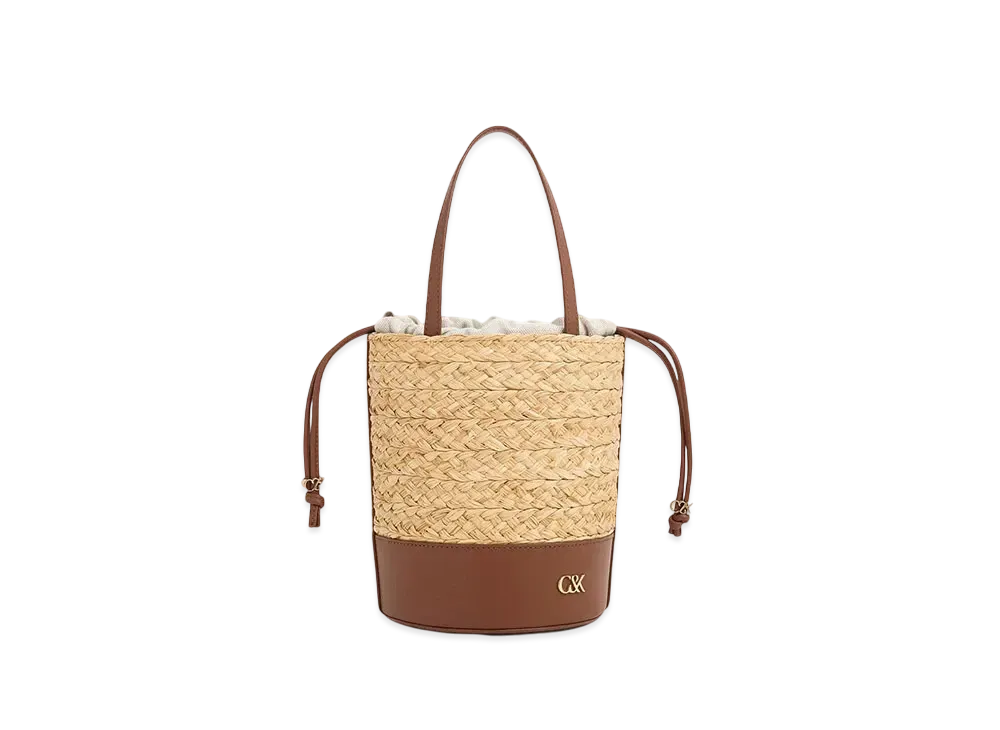 CHARLES & KEITH Leather & Raffia Bucket Bag "Brown"