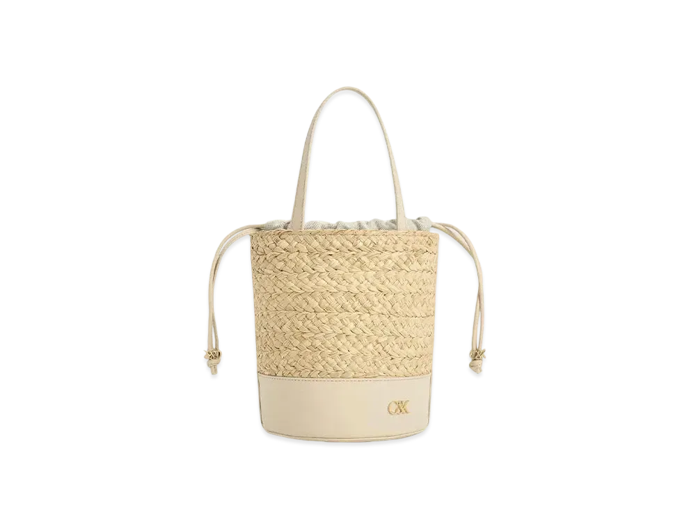 CHARLES & KEITH Leather & Raffia Bucket Bag "Beige"