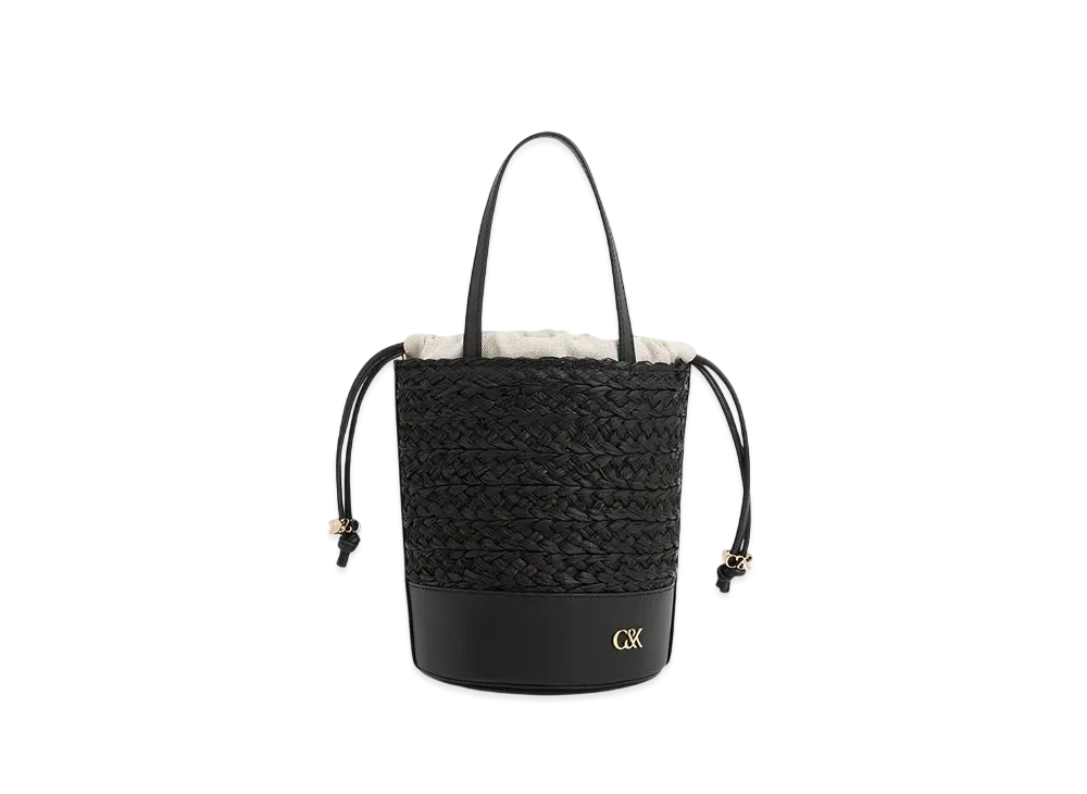 CHARLES & KEITH Leather & Raffia Bucket Bag "Black"