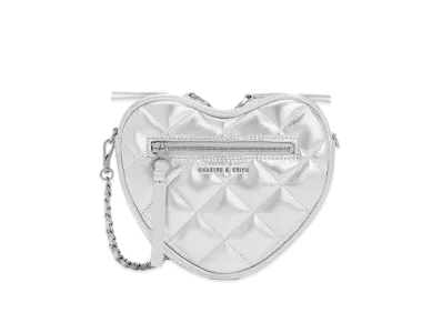CHARLES & KEITH Philomena Quilted Heart Crossbody Bag "Silver"
