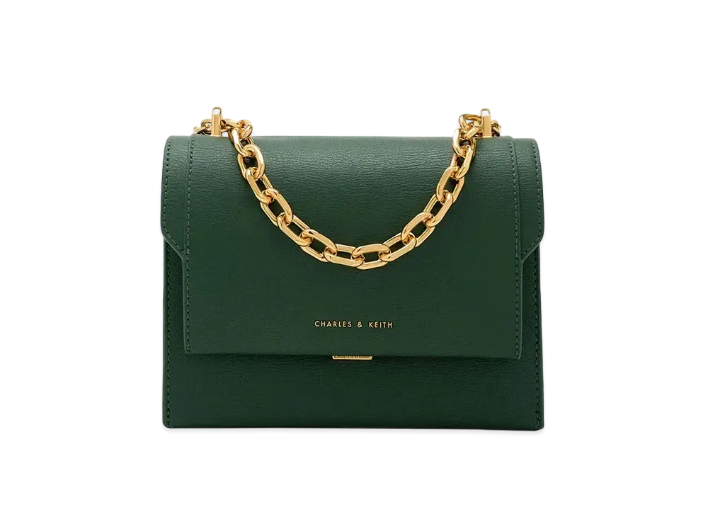 CHARLES & KEITH Front Flap Chain Handle Crossbody Bag "DarkGreen"