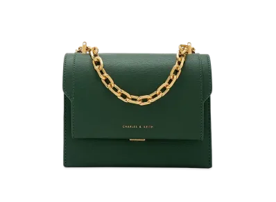 CHARLES & KEITH Front Flap Chain Handle Crossbody Bag "DarkGreen"