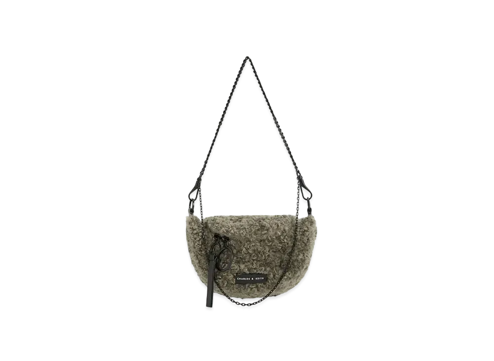 CHARLES & KEITH Philomena Crinkle Effect Half Moon Crossbody Bag "Khaki"