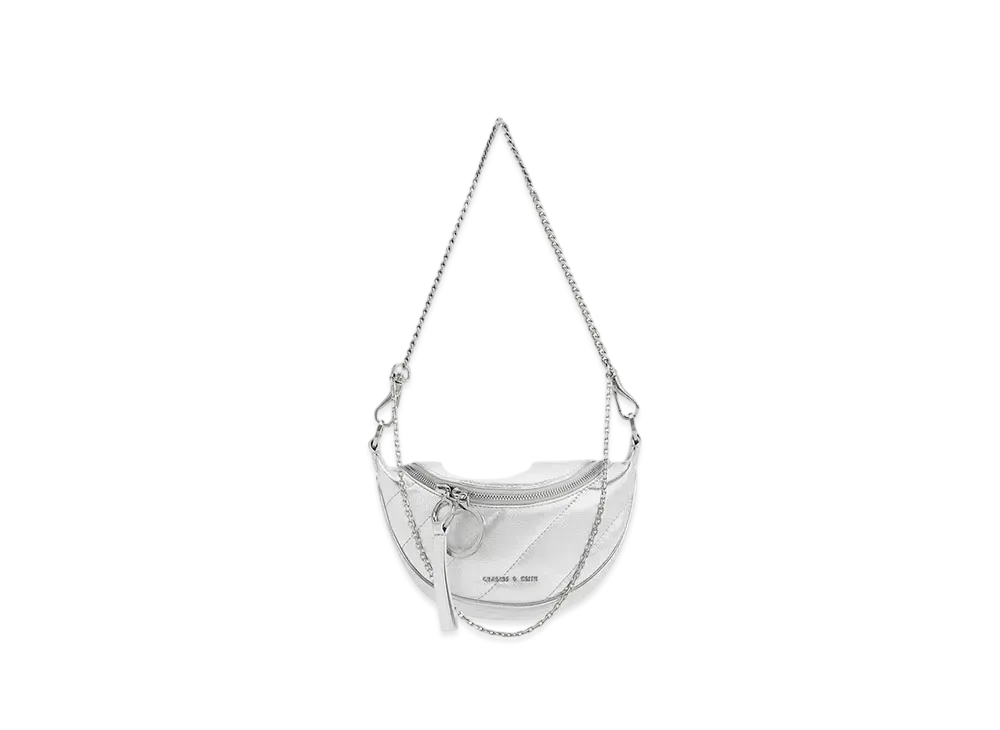 CHARLES & KEITH Philomena Crinkle Effect Half Moon Crossbody Bag "Silver"