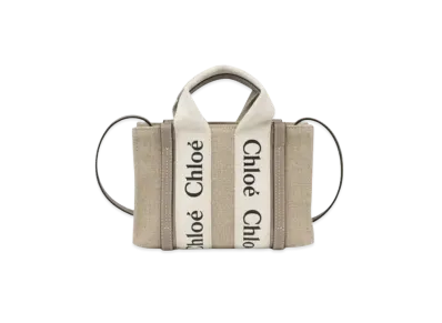 Chloe Mini Woody Tote Bag Linen Canvas&Shiny Calfskin With Chloe Logo "Musk Grey"
